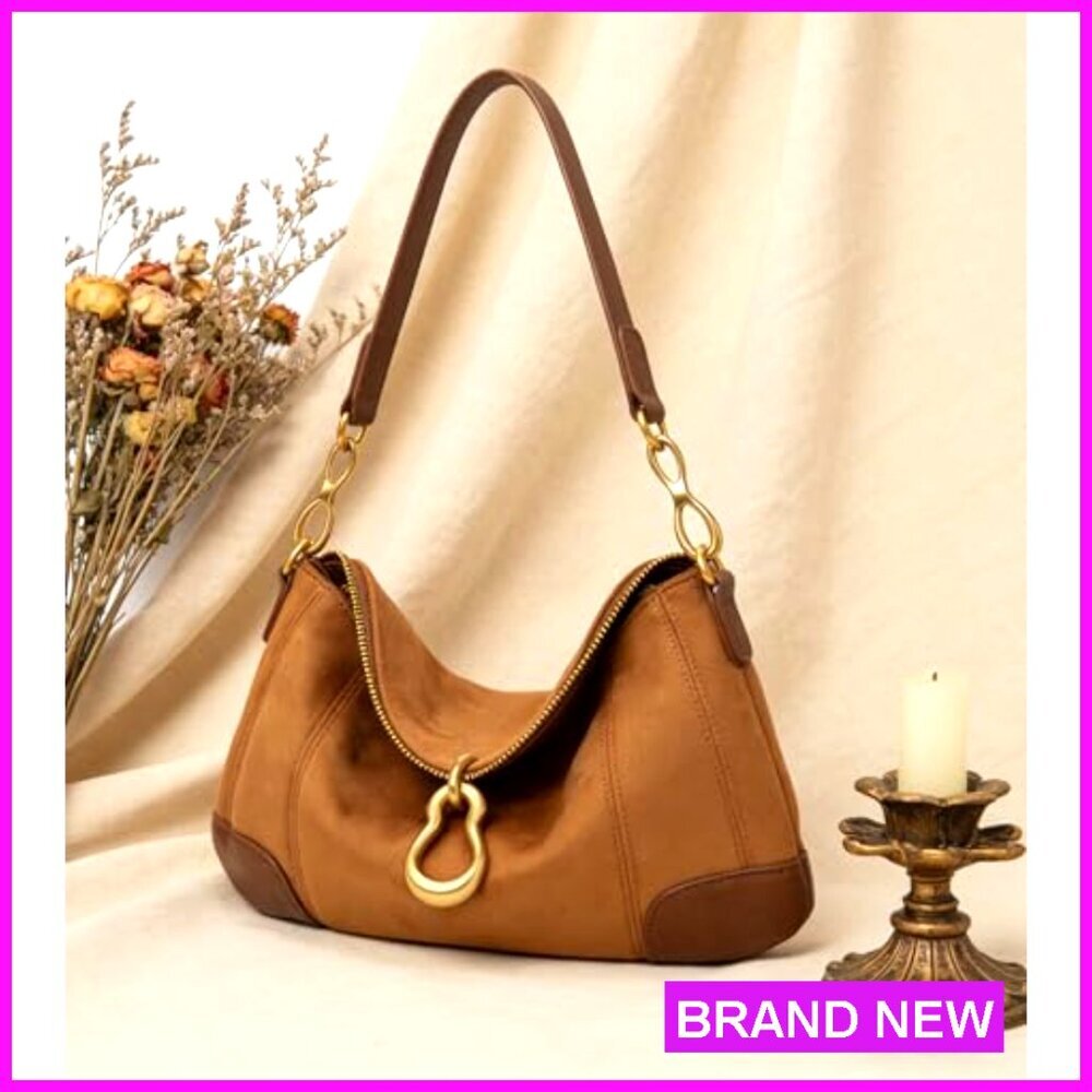 Small PU Leather Hobo Shoulder Bag with Gold Hardware and Zipper Pocket - Picture 3 of 7